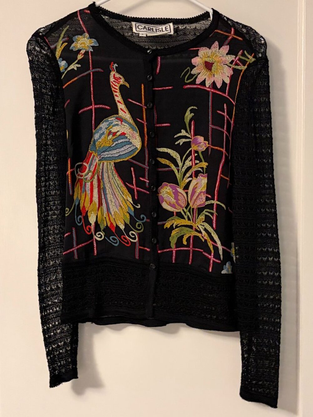 Carlisle VTG black lace peacock floral embroidered cardigan blouse size small
